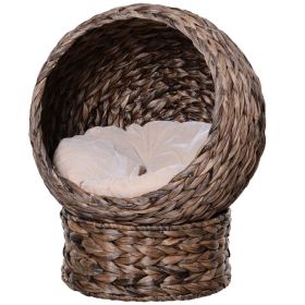 Handwoven Elevated Cat Bed with Rotating Basket and Soft Cushion, Wicker Cat Egg Chair with Stand, Brown