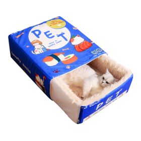 Snack Box Cat Bed Cartoon Rectangular Fully Enclosed Four Season Universal Multifunctional Soft Pet Bed For Home Travel Blue (Option: default)
