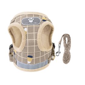 Pet Mesh Harness Dog Leash Set Reflective Chest Strap Adjustable Puppy Vest For Puppies Breeds Dogs Cats Walking Outdoor (Size/Color: L, Option: KhakiCheckered)