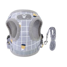 Pet Mesh Harness Dog Leash Set Reflective Chest Strap Adjustable Puppy Vest For Puppies Breeds Dogs Cats Walking Outdoor (Size/Color: M, Option: GreyCheckered)
