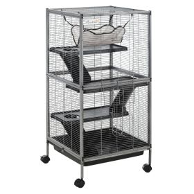 Metal Small Animal Cage Rolling Big Ferret Cage, Chinchilla Cage, Sugar Glider Cage, with Hammock & 4 Tiers, Removable Tray, Gray (Option: Gray)