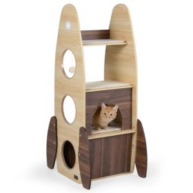 4-Tier Rocket Shape Cat Tree with 2-Tier Condo Sisal Scratch Pad Hanging Pompom Natural+White (Option: Default title)
