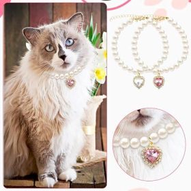 2-Piece Adjustable Pearl Pet Collars With Heart-Shaped Rhinestones, Pink And White (Option: Pink  White)