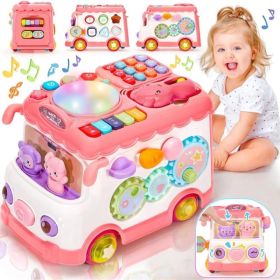 Baby Activity Bus Toy Set 6-in-1 Multifunctional Musical Learning Bus Includes Mini Car & Building Blocks Early Educational Toy For Toddlers Ages (Option: Pink)
