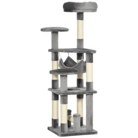 52" Multi-Level Cat Tree Tower, Kitten Scratcher Activity Center Play House with Hammock - Grey (Option: Grey)