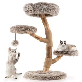 4-Level Natural Pear Wood Cat Tree - 19.5"x35.5", Jute Scratch Posts + Plush Ball, Long Plush (Option: Default title)