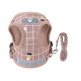 Pet Mesh Harness Dog Leash Set Reflective Chest Strap Adjustable Puppy Vest For Puppies Breeds Dogs Cats Walking Outdoor (Size/Color: M, Option: PinkCheckered)