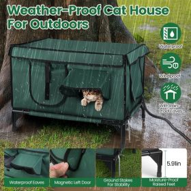 Large Heated Cat House for Outside,600D Oxford Fabric, Multiple Windows & Doors, Built-in Heating Pad, Sturdy Ground Stakes for Porch Garage Barn (Option: AS PIC)