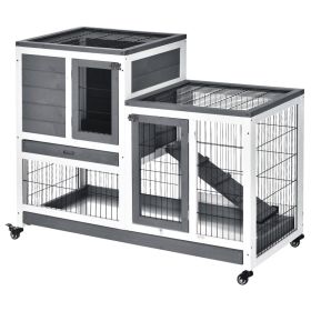 Wooden Rabbit Hutch Elevated Bunny Cage Indoor Small Animal Habitat with Enclosed Run with Wheels, Ramp, Removable Tray for Rabbits, Chickens, D (Option: Gray, White-1105x220x630 mm)
