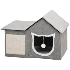 Large Cat Bed for Indoor, Cat House Hideaway with Soft Cushion, Scratching Pad, Dangling Ball, Dual Entrances, Grey (Option: Grey)