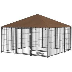 6.9' x 6.9' x 5' Outdoor Dog Kennel with Canopy, Rotating Bowls, Coffee (Option: Coffee)