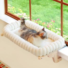 Cat Perch For Windowsill Natural Wood Cream White, M Hook On Windowsill Mount, All Around Bolster, Machine Washable Bed, Solid (Option: White)